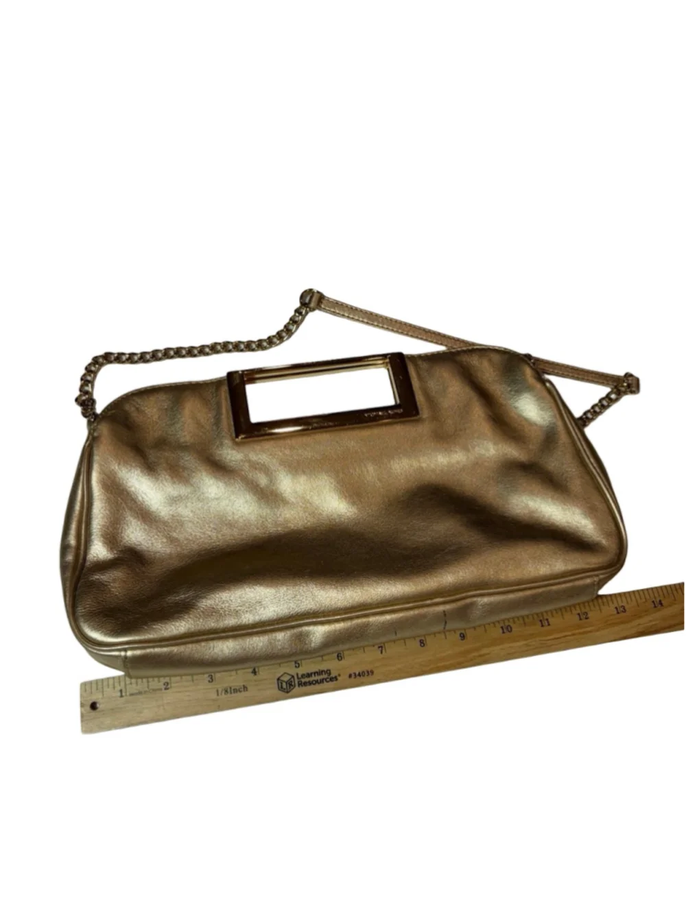 Michael Kors Metallic Gold Leather Chain Shoulder Bag Framed Evening Clutch